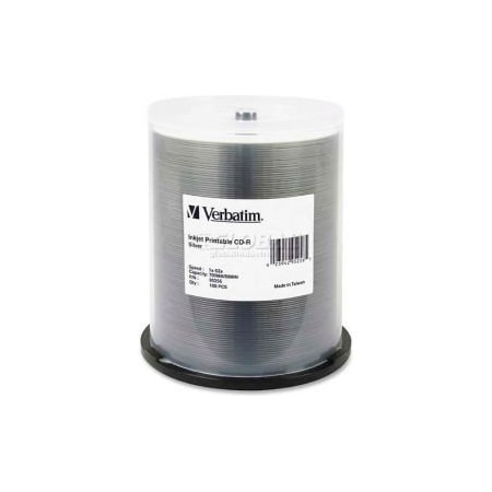 Verbatim Americas Verbatim CD-R Discs, 95256, 52X, 700MB/80Min, Inkjet Printable, Spindle, 100/Pk, Silver 95256